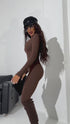 Chocolate brown, stretchy jumpsuit with front zipper
